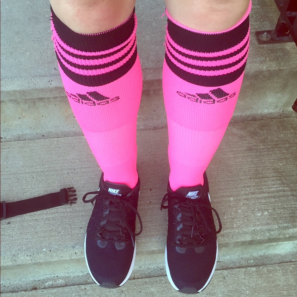 Over the knee neon pink socks